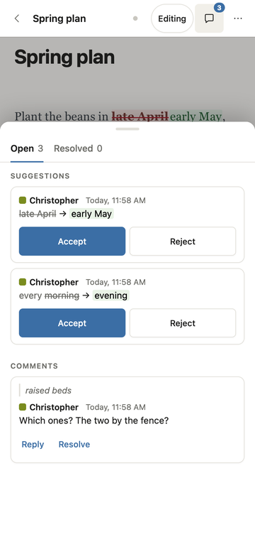 Margins on iPhone: the comments sheet, with suggestions to accept or reject and a comment to reply to.