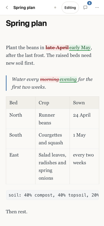 Margins on iPhone: a garden plan with two suggested changes shown in the text.